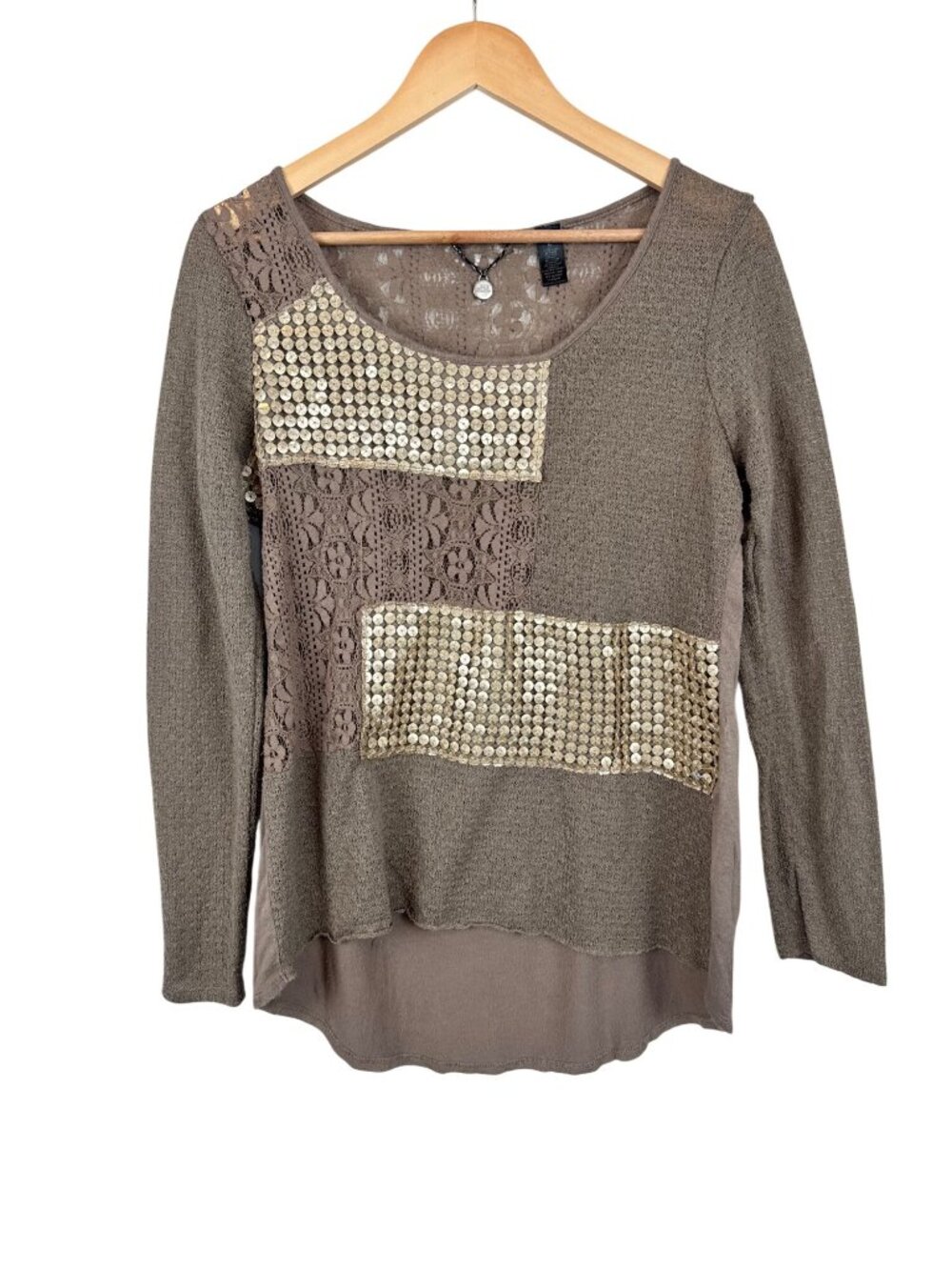 BKE Boutique Womens Brown Long Sleeve Lace Sequin Top Size L Boho Eclectic Artsy